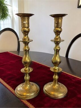 Vintage Brass Plated Candlesticks 16” Tall Pair Hollywood Regency Candle Holders